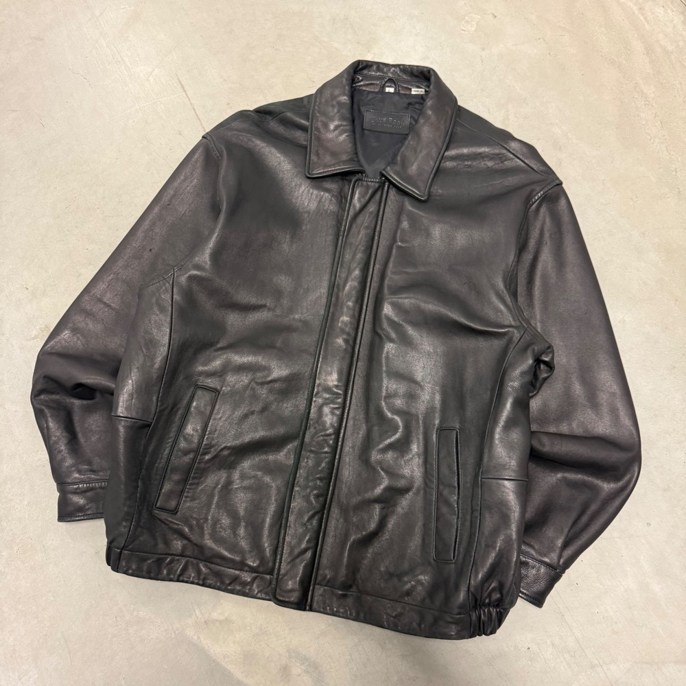 Club Room Men Black Leather Bomber Jacket Full Zip Coat Size L Classic Minimal